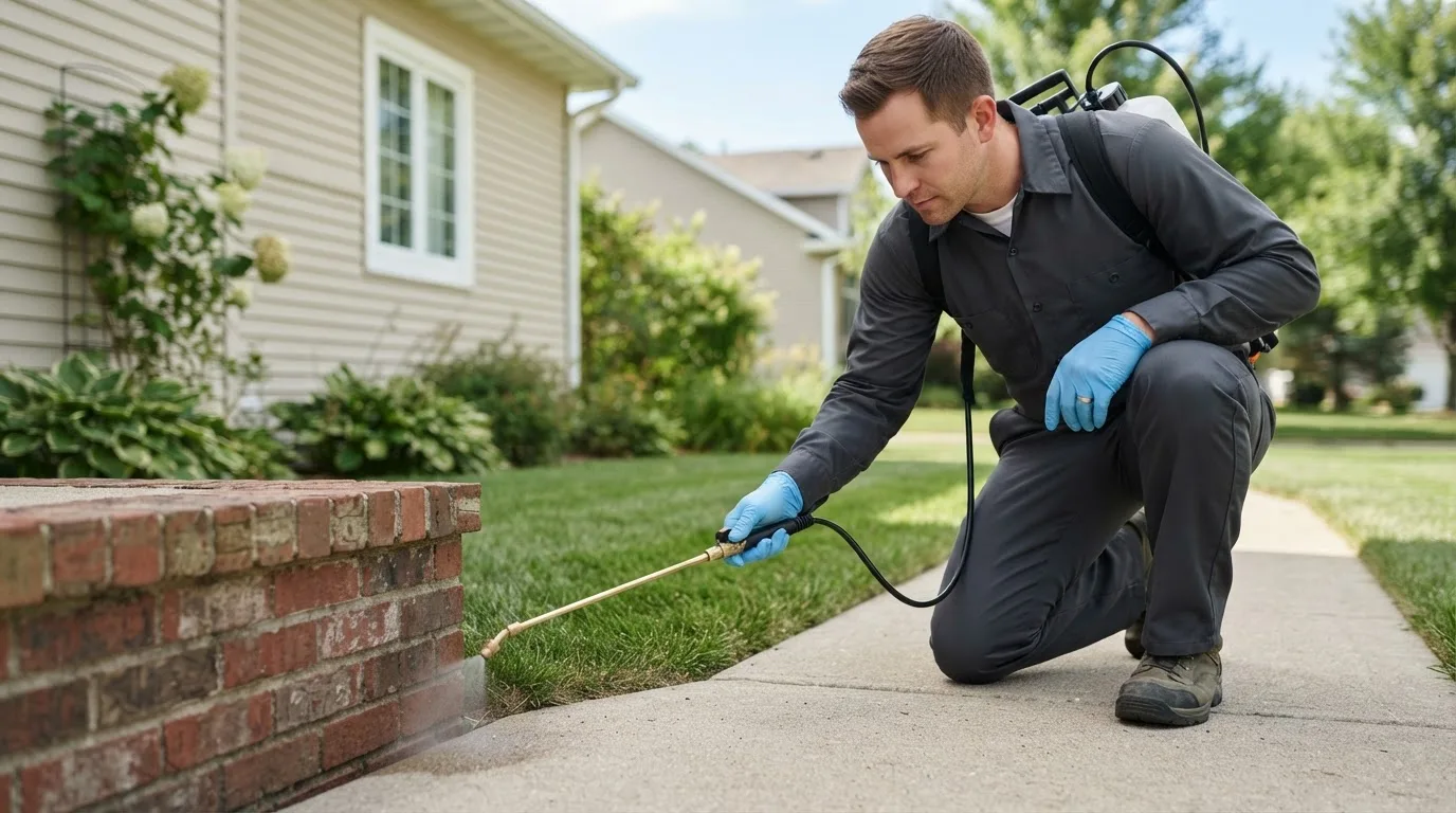 Pest control technician treating a home near Mcdonald, OH